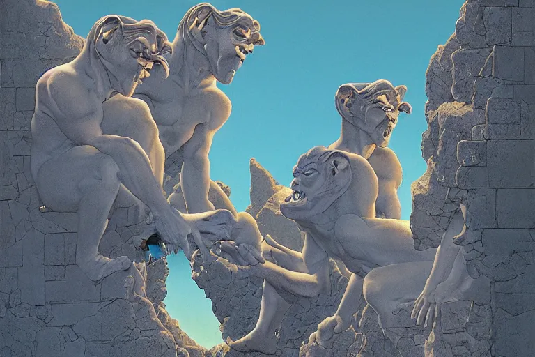 Prompt: a trio of leering gargoyles, digital painting by maxfield parrish and michael whelan, photorealistic