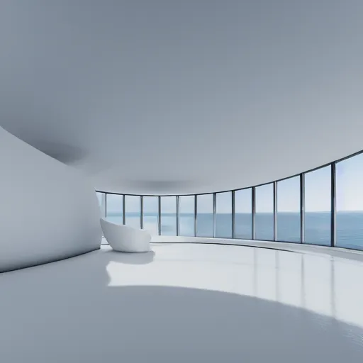Image similar to perfume bottle on a white zen clean modern minimalist white counter in front of large circular portal with ocean view, frozen and covered in ice, by peter tarka in an ivory room well contoured smooth fair walls, zaha hadid octane highly render, 4 k, ultra hd,
