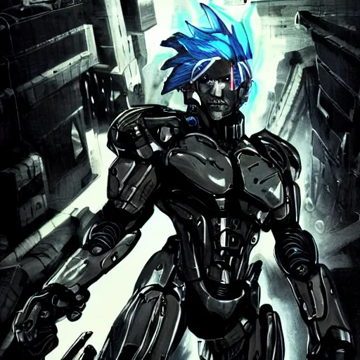 Image similar to cyborg from metal gear rising : revengeance, vintage illustration, grimdark