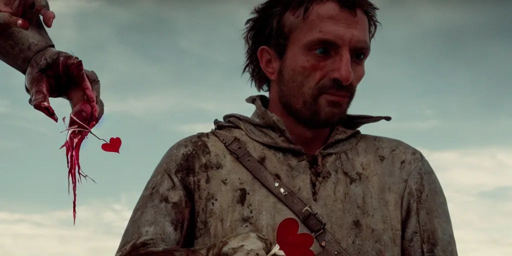 Image similar to film still of closeup the knight holds a bleeding heart in his hand by emmanuel lubezki