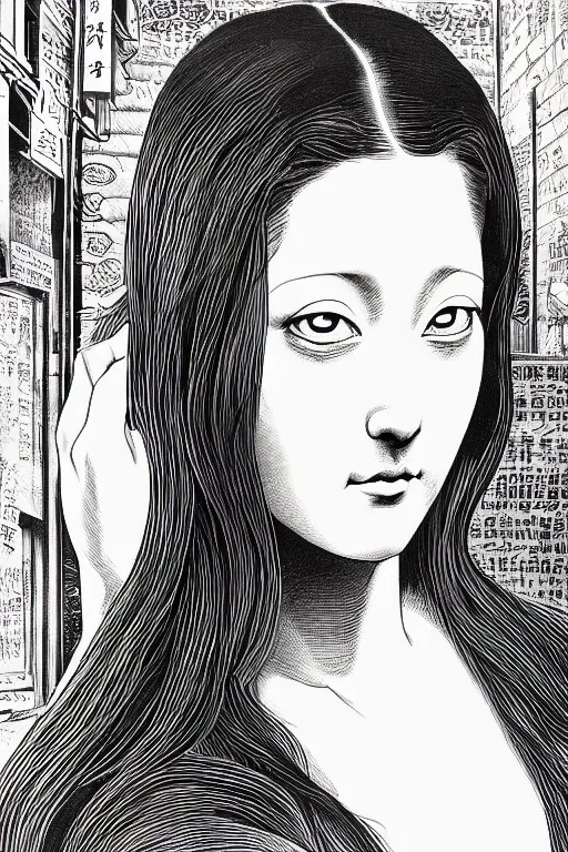 Image similar to beautiful portrait of a woman, negative no not mona lisa pose, highly detailed ink illustration of a dark alley of taipei, b & w clean shaped illustration by kim jung gi, ric estrada, ron english and eiichiro oda