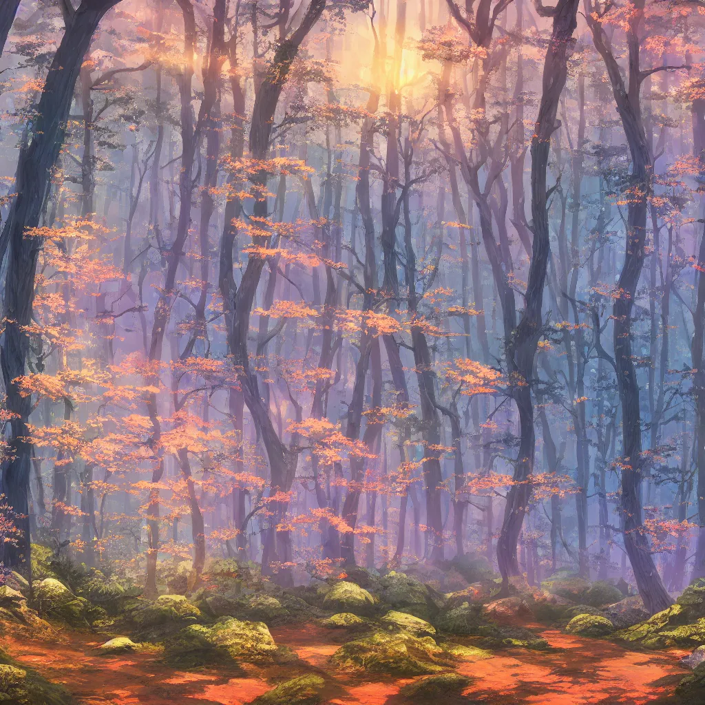 Image similar to sharp focus, breath taking beautiful, Aesthetically pleasing, gouache forest at golden hour, digital concept art background by Hayao Miyazaki and Studio Ghibli, fine art, official media, high definition, illustration, ambient lighting, HDR, HD, UHD, 4K, 8K, cinematic, high quality scan, award winning, trending, featured, masterful, dynamic, energetic, lively, elegant, intricate, complex, highly detailed, Richly textured, Rich vivid Color, masterpiece.