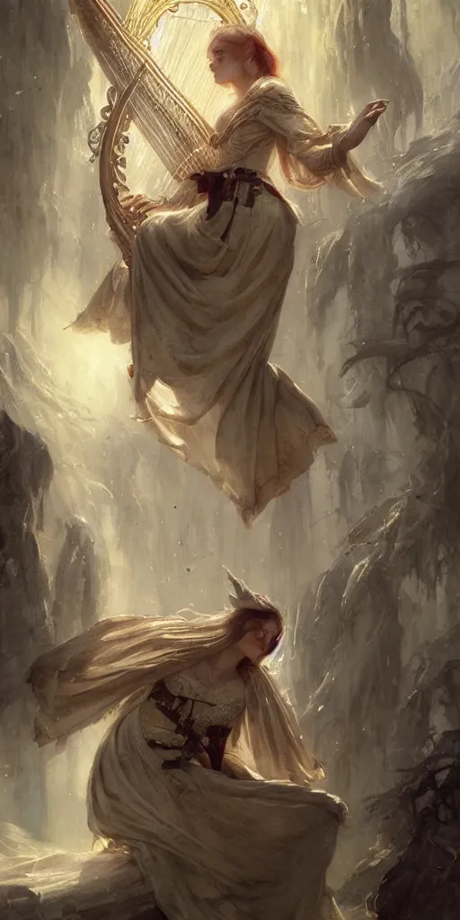 Image similar to beautiful fragile elf bard in robes, playing on a harp, masterpiece , cinematic, powerful, dramatic light, highly, intricate elements, detailed, digital painting, artstation, concept art, sharp focus, illustration, dynamic by Edgar Maxence and Ross Tran and Michael Whelan art by Livia Prima, Mitch Foust, Frank frazetta