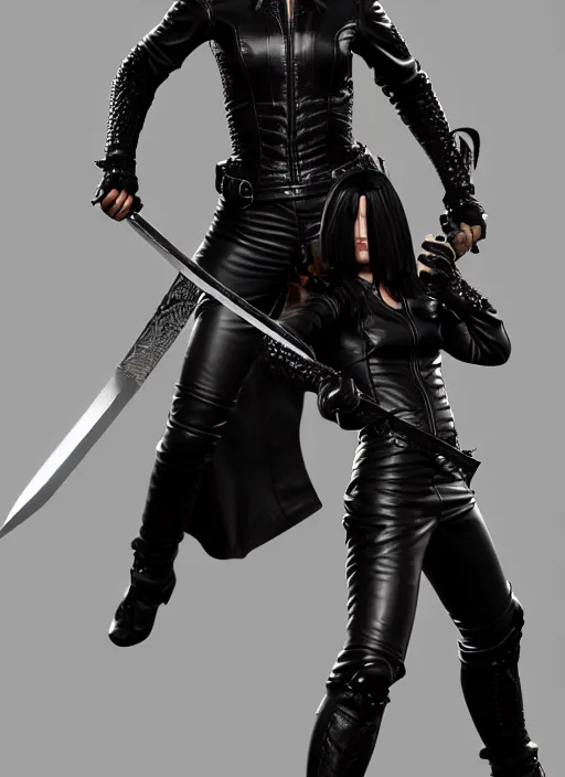 Image similar to black haired woman in a leather jacket, a sword fight, action pose, movie scene, highly detailed, intricate, face enhance, long sharp intricate sword, trending on artstation, action pose