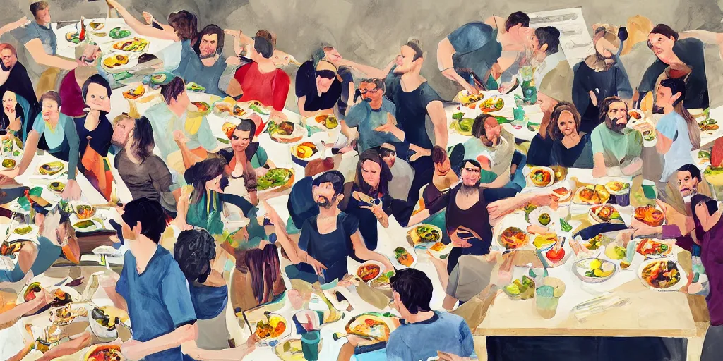 Prompt: painting of work colleagues of a design studio get together to feast on a big table with lots of food