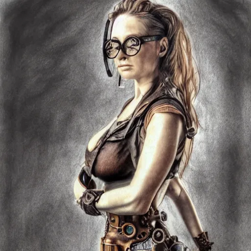 Image similar to hyper realistic full body pencil drawing of a woman steampunk facing the camera, standing on a road, water color, detailed, diffused, intricate,