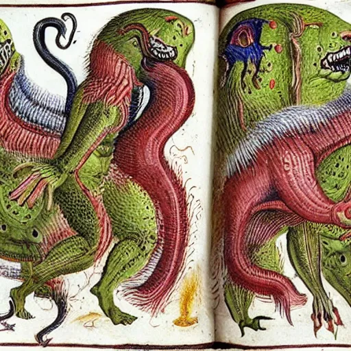 Image similar to medieval bestiary of repressed emotion monsters and creatures starting a fiery revolution in the psyche, in the style of COdex Seraphinianus