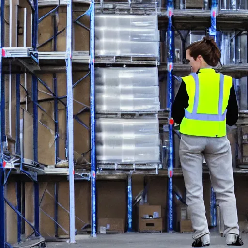 Image similar to photo, close up, emma watson in a hi vis vest, in warehouse, android cameraphone, 2 6 mm