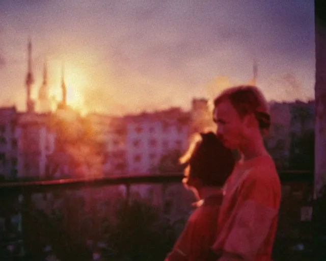 Image similar to lomo photo of pair standing on small hrushevka balcony full with cigarette smoke in small russian town looking at sunset, cinestill, bokeh