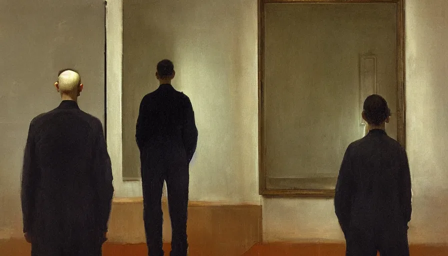 Image similar to painting by borremans, man back standing in front on the mirror and his back in the mirror, detailed, stunning