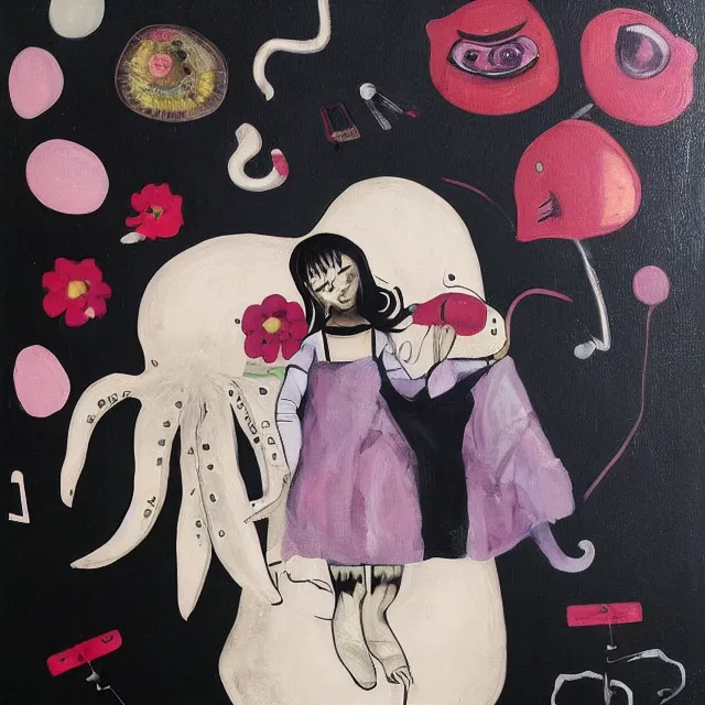 Image similar to a portrait in a female artist's bedroom, black walls, emo girl with a giant pig plushie, sheet music, berries, surgical supplies, pancakes, black flowers, sensual, octopus, neo - expressionism, surrealism, acrylic and spray paint and oilstick on canvas