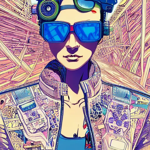 Prompt: hyper detailed comic illustration of a cyberpunk Rosie Huntingto Whitely wearing a futuristic sunglasses and a gorpcore jacket, markings on his face, by Josan Gonzalez and Geof Darrow, intricate details, vibrant, solid background, low angle fish eye lens