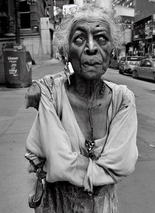 Prompt: strange ugly tough looking woman with piercings walking down the street in New York. older person, raggedy clothes, crackhead, struggle, somebodys grandma probably, award winning photography, high detail, photography by Annie Leibovitz, Ansel Adams, Mary Ellen Mark