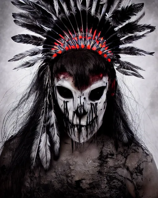 Image similar to the ghost - spirit of the grim - warpaint wears the scarlet skull armor and native blood headdress feathers, midnight fog - mist!, dark oil painting colors, realism, cinematic lighting, various refining methods, micro macro autofocus, ultra definition, award winning photo, photograph by ghostwave - gammell - giger - shadowlord