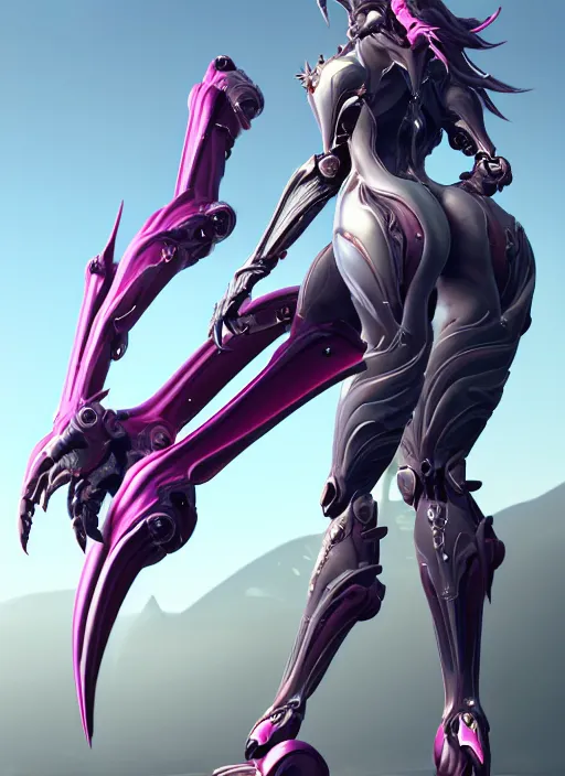 Prompt: extremely detailed giantess shot, front shot, of a beautiful goddess saryn warframe, that's a giant beautiful stunning anthropomorphic robot female dragon with metal cat ears, standing elegantly on a mountain, detailed sharp robot dragon claws, robot dragon feet, streamlined pink armor, thick smooth warframe thighs, long elegant tail, detailed warframe fanart, destiny fanart, high quality digital art, giantess art, furry art, 3D realistic, warframe art, Destiny art, furaffinity, DeviantArt, artstation, 8k HD, octane render