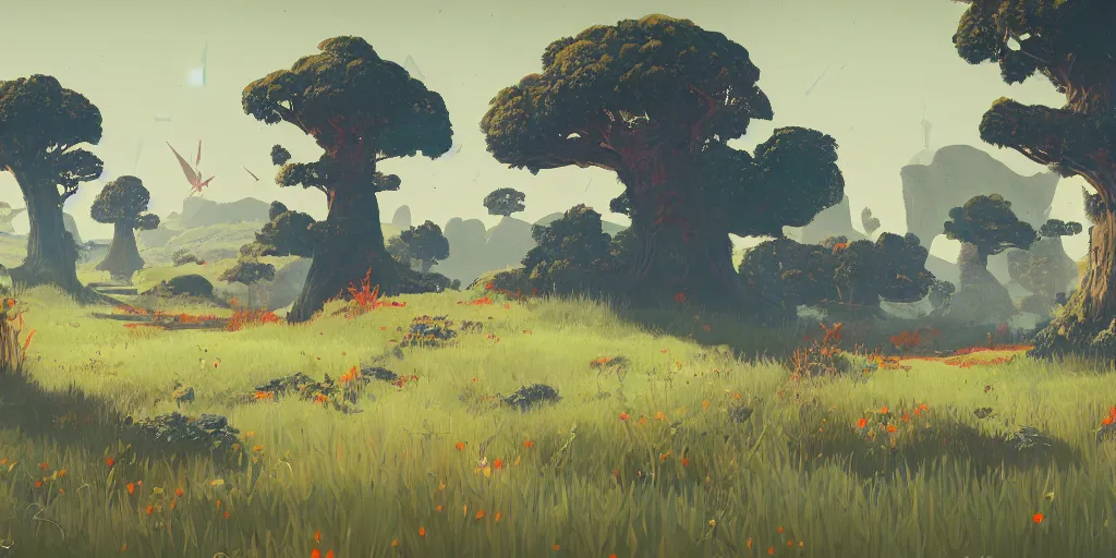 Image similar to landscape illustration at noon by james jean painted in no mans sky style, redshift, octane