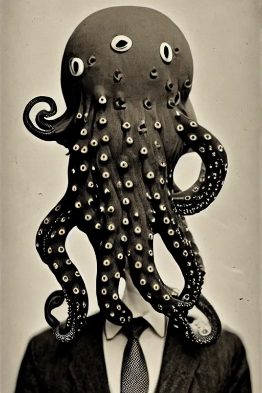 Image similar to anthropomorphic octopus , wearing a suit, tentacles spilling out of the collar, vintage photograph, sepia