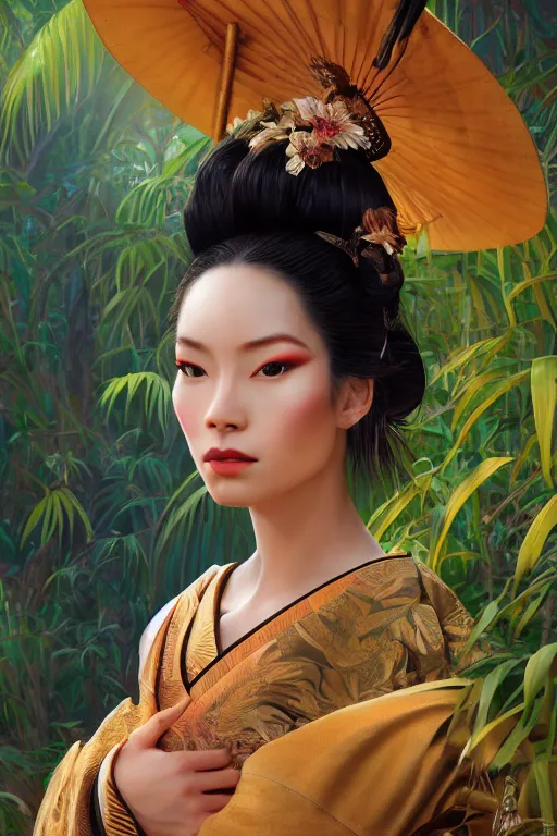 Prompt: stunningly beautiful, peruvian geisha prima ballerina in jungle, symmetrical face, golden hour, smooth, focus, highly detailed, hyper realistic, dramatic lighting, elegant, intricate, concept art, art by wlop, mars ravelo, greg rutowski, artstation