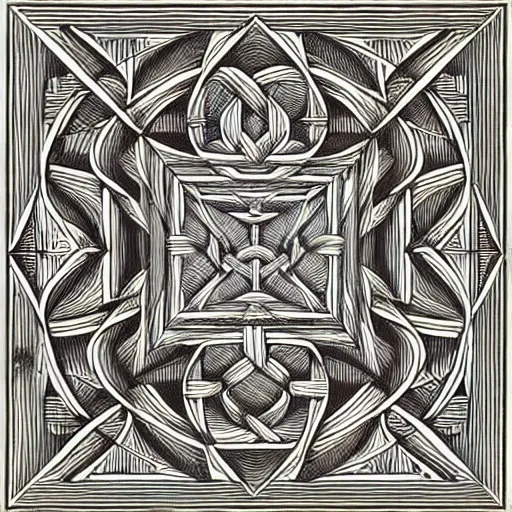 Image similar to an ornate illustration in the style of mandalic escher, wood engraving print, showing a geometric knot in a wheat field