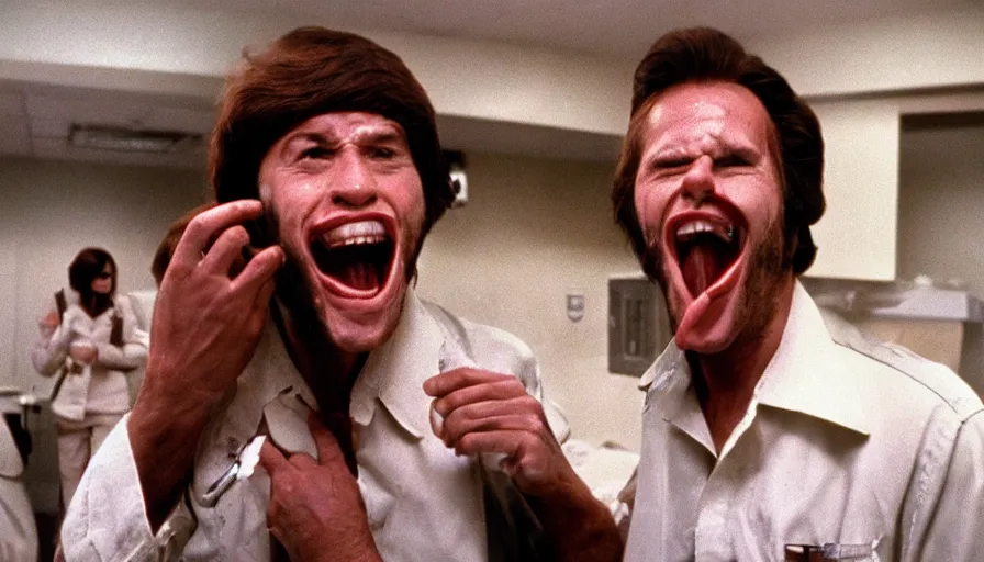 Prompt: 70s movie still of a man yelling with trypophobia teeth in hospital, eastmancolor, heavy grain, high quality, higly detailed, liminal space