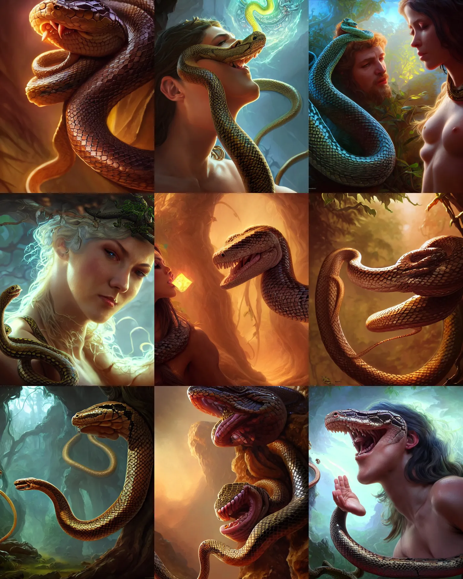 Prompt: closeup 2 8 mm a snake talking to adam and eve, d & d, fantasy, intricate, action pose, particle effects, highly detailed, digital painting, artstation, concept art, matte, sharp focus, volumetric lighting, illustration, hearthstone, art by artgerm, wlop, craig mullins, alphonse mucha