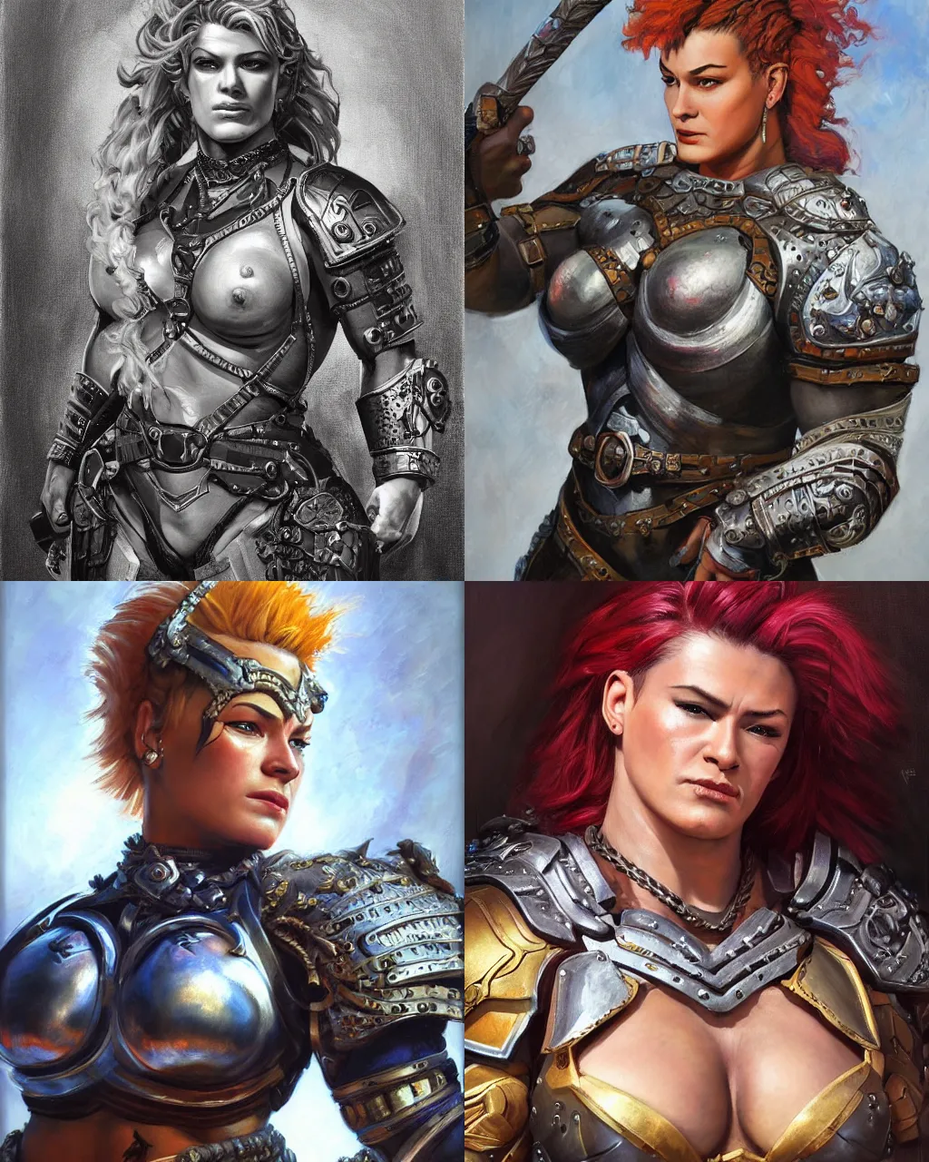 Prompt: detailed portrait of zarya from overwatch as a powerful medieval warrior wearing iron chainmail, intricate, hyper detailed, realistic, oil painting, by julie bell, frank frazetta, cinematic lighting