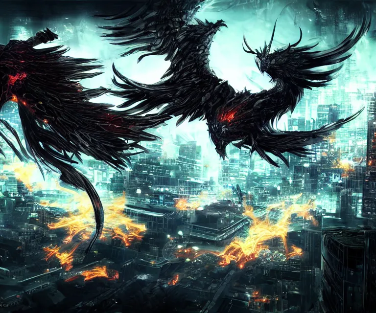 Image similar to neo tokyo, dark fantasy, concept art, video game, highly detailed, phoenix flames