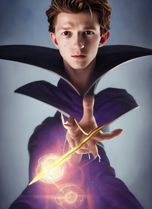 Prompt: a full head photoshot, detailed photograph of skinny young tom holland as a dark magician waving a wand, elegant, photorealism ultradetailed digital art, irina french, heraldo ortega, mandy jurgens, golden ratio, art canvas, award winning, masterpiece trending on artstation 8 k 1 5 0 mpx, hasselblade wide shot