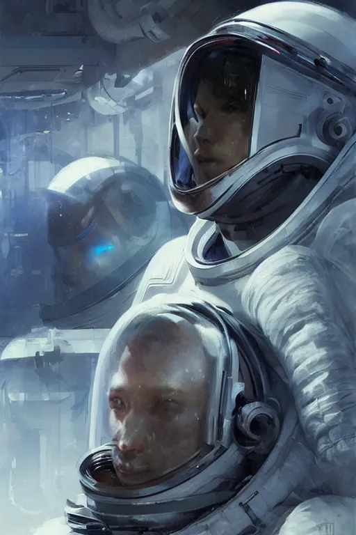 Image similar to portrait of an astronaut wearing a really cool and futuristic space helmet and stylish spacesuit, cyberpunk aesthetic by craig mullins, ruan jia, kentaro miura, greg rutkowski