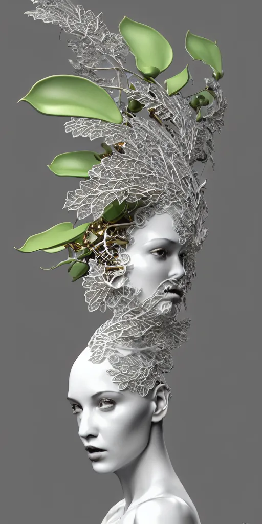 Prompt: complex 3d render ultra detailed of a beautiful porcelain profile woman face, mechanical vegetal cyborg, robotic parts, 150 mm, beautiful studio soft light, 3 point lighting, spot light, rim light, silver gold red details, luxurious, high tech gadget, cyberpunk, magnolia big filigran leaves and stems, roots, Alexander Mcqueen haute couture, fine foliage lace, mesh wire, filigran metallic intricate details, hyperrealistic, mandelbrot fractal, anatomical, silver metal armor, facial muscles, cable electric wires, microchip, elegant, white background, beautiful white teeth, octane render, H.R. Giger style, 8k