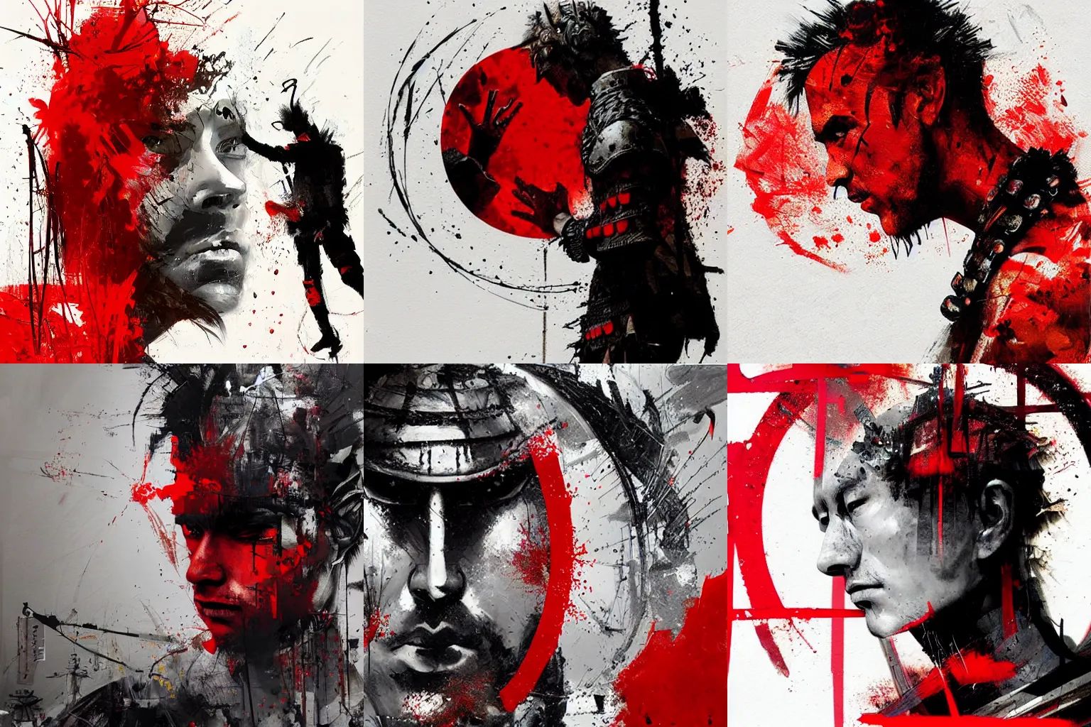 Prompt: artwork by Grzegorz Rutkowski and Russ Mills showing a samurai in front of a red circle