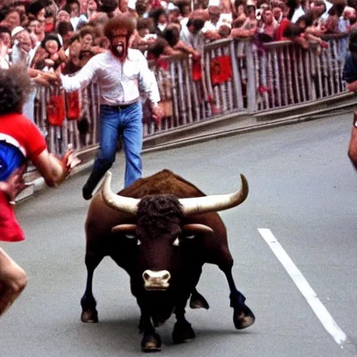 Image similar to screaming bob ross running from a bull in pamplona spain