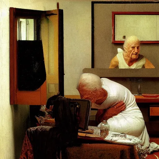 Prompt: built physique elderly cyborg weeping desperate grandma trying to figure out how to order an online pizza sitting in her small room glaring at her lenovo thinkpad laptop t 4 1 0 8 gb ram norman rockwell rembrandt vermeer giotto jamie wyeth greg rutkowski winslow homer thomas eakins lucian freud edward hopper j. m. w. turner oil painting anachronistic realism