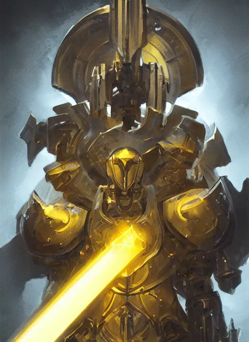 Prompt: dynamic abstract portrait of a intricate glorious holy mechanical warforged character in yellow armor holding a paladin engraved great longsword drawn and carrying a big paladin shield, beam glowing eye , epic , trending on ArtStation, masterpiece, cinematic lighting, by Ross Tran and by Greg Rutkowski