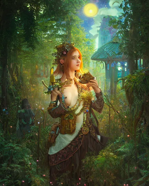 Image similar to girl in solarpunk fantasy village, evening, 4 k, ultra realistic, detailed, epic lighting, starry sky, magical, glowing forest, mushrooms, machines, high detail, masterpiece, trending on artstation by artgerm and akihito tsukushi and alphonse mucha