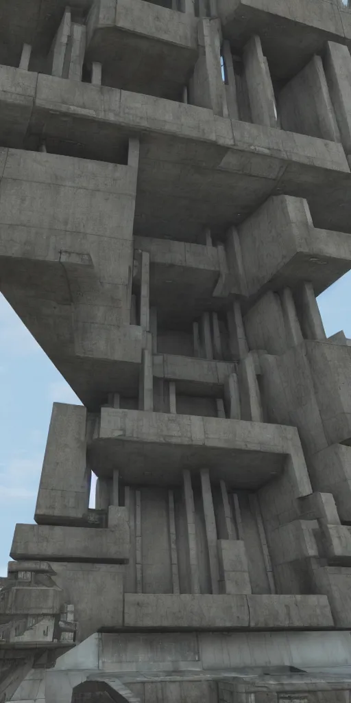 Image similar to a brutalist temple building from the halo universe