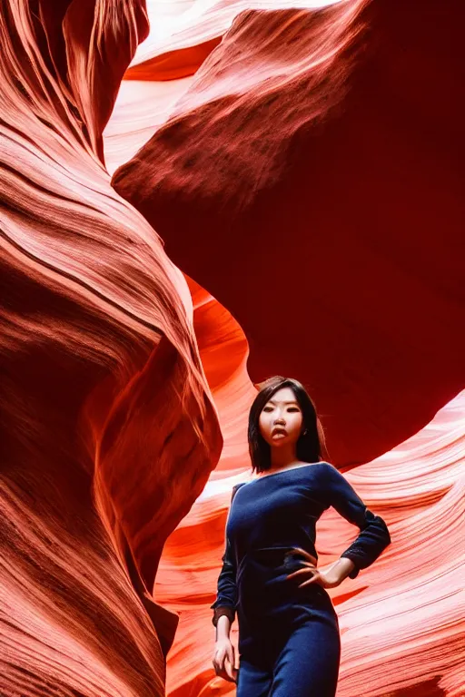 Image similar to close-up portrait of Lee Ji-Eun, captivating, rule of thirds, majestic, set on a flowy Antelope Canyon created by James Jean, mutiversal tsunami, award winning photo, seductive, captivating, close-up, hot, unreal engine, masterpiece, perfect symmetry, rgb, colorful clouds