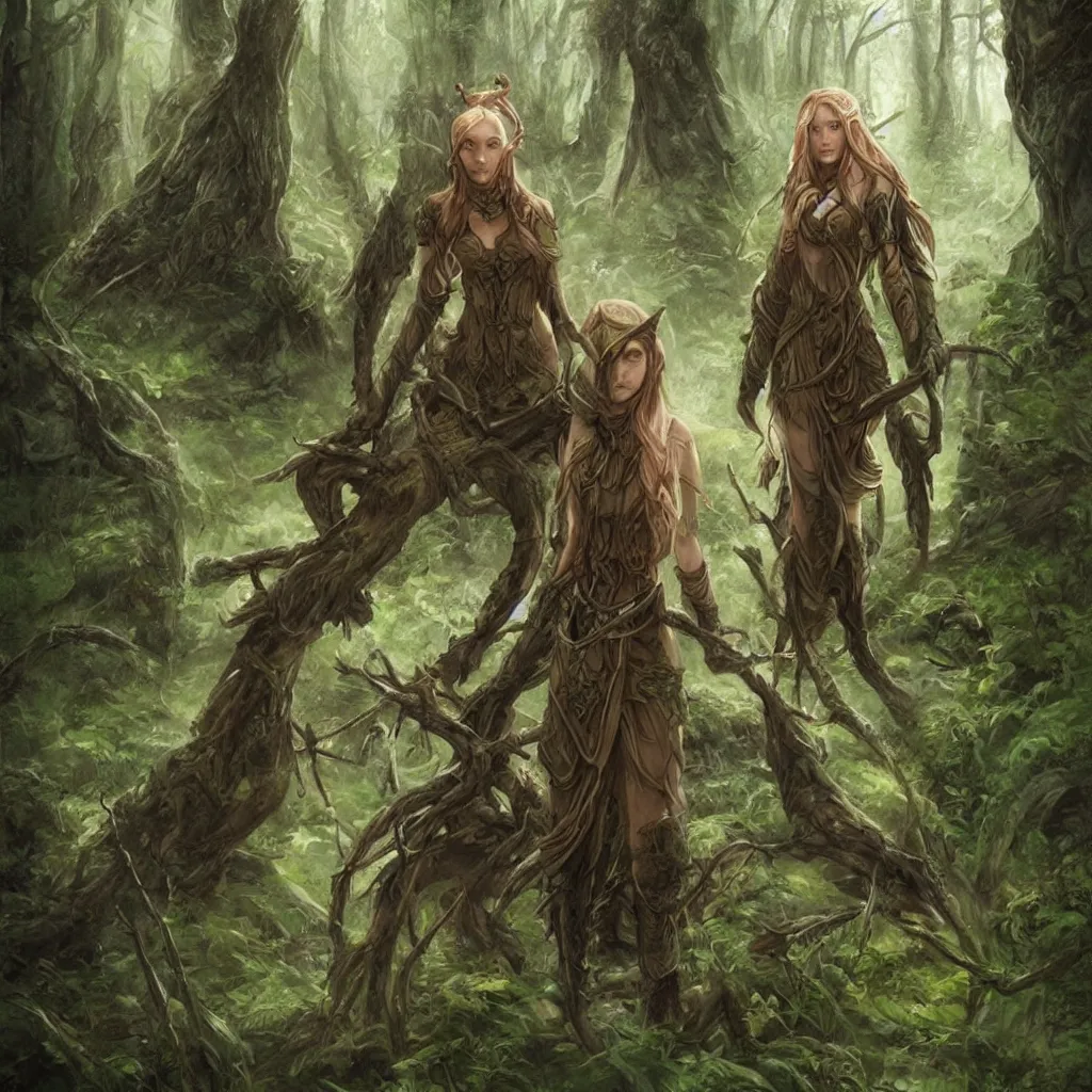 Image similar to A young elven female druid traveling trough the forest + concept art + detailed character portrait + James Gurney