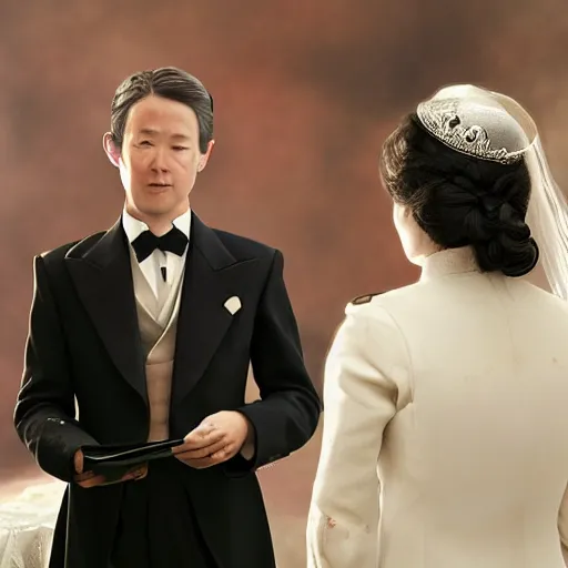 Image similar to a wide full shot, colored russian and japanese mix historical fantasy of a photograph taken of the royal wedding officiant addresses the couple, photographic portrait, warm lighting, 1 9 0 7 photo from the official wedding photographer for the royal wedding. ultra realistic, photorealistic, cinema, hyper realistic, depth of field, film still.