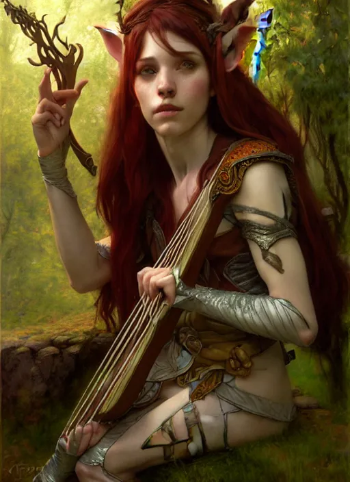 Image similar to forest elf bard playing lute, full body, hyper realistic, extremely detailed, dnd character art portrait, dark fantasy art, intricate fantasy painting, dramatic lighting, vivid colors, deviantart, artstation, by edgar maxence and krenz cushart and artem demura and john williams waterhouse