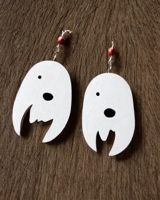 Image similar to cute funny ghost, 2 d lasercut wood earrings, ultra realistic, concept art, intricate details, highly detailed, trending on artstation, trending on deviantart