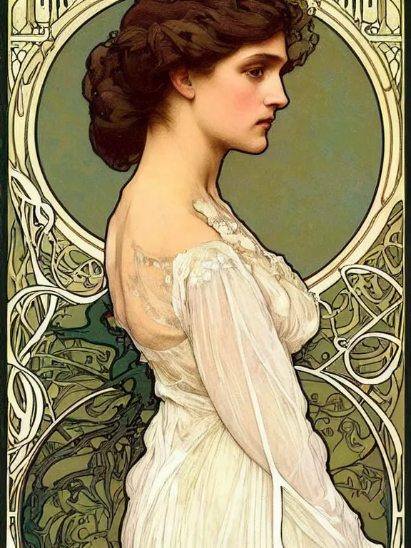 Image similar to an art nouveau mucha poster style head and shoulders portrait oil painting of a pretty young alicia jessica vikander alba wearing a white victorian bridal gown, intricate, detailed, smooth, complex, elaborate, by alphonse mucha and james gurney and john william waterhouse and bouguereau