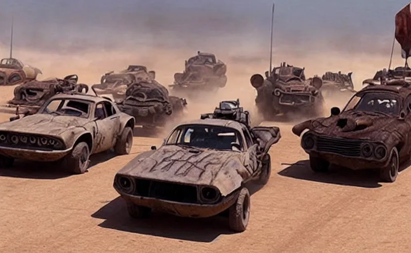 Image similar to mad max cars in a pixar movie with war boys