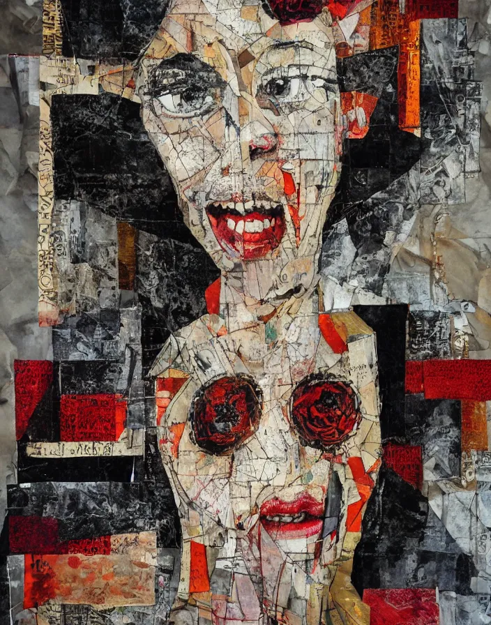 Prompt: laughing stigmata detailed analogue mixed media collage with canvas texture in style of contemporary art, punk art, hyperrealistic beautiful face, photorealistic, expressionism, masterpiece, perfect composition, spectacular quality, intricate oil details