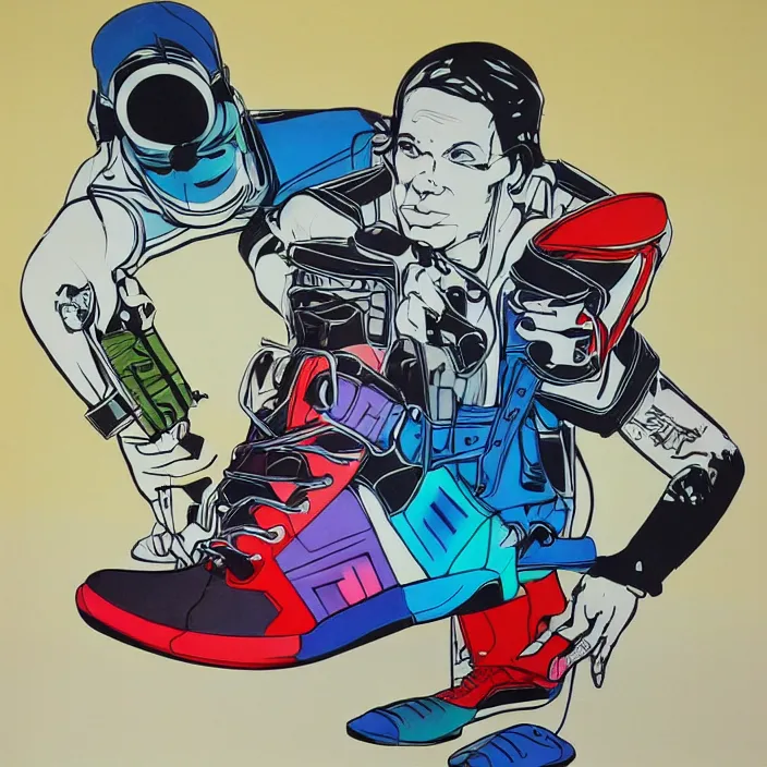 Image similar to futuristic sneakers in jeff koons hip hop bauhaus style, highly detailed, hyper realistic, art by todd mcfarlane