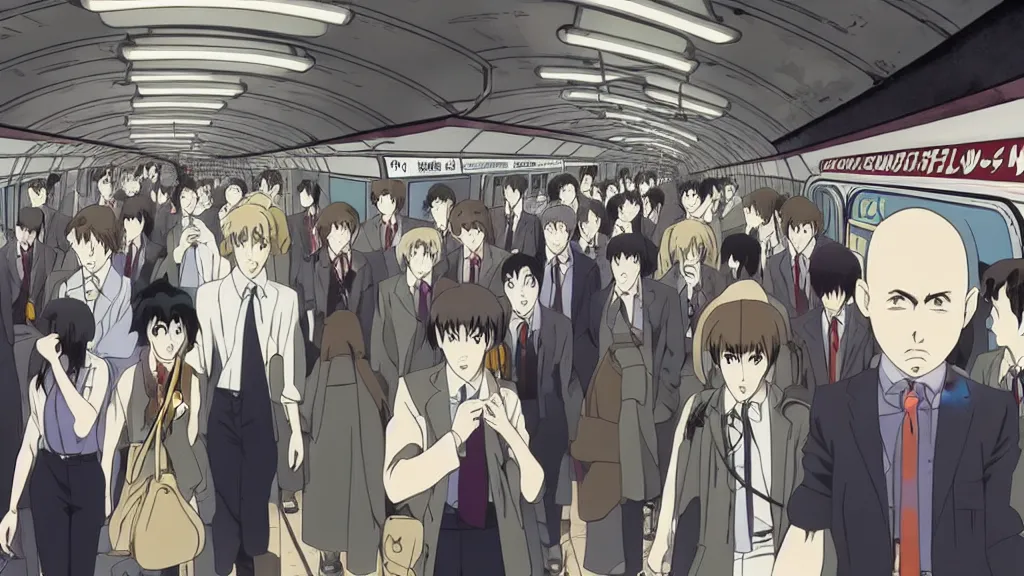 Image similar to horror movie about the london underground tube subway, anime film still from the an anime directed by katsuhiro otomo with art direction by salvador dali, wide lens