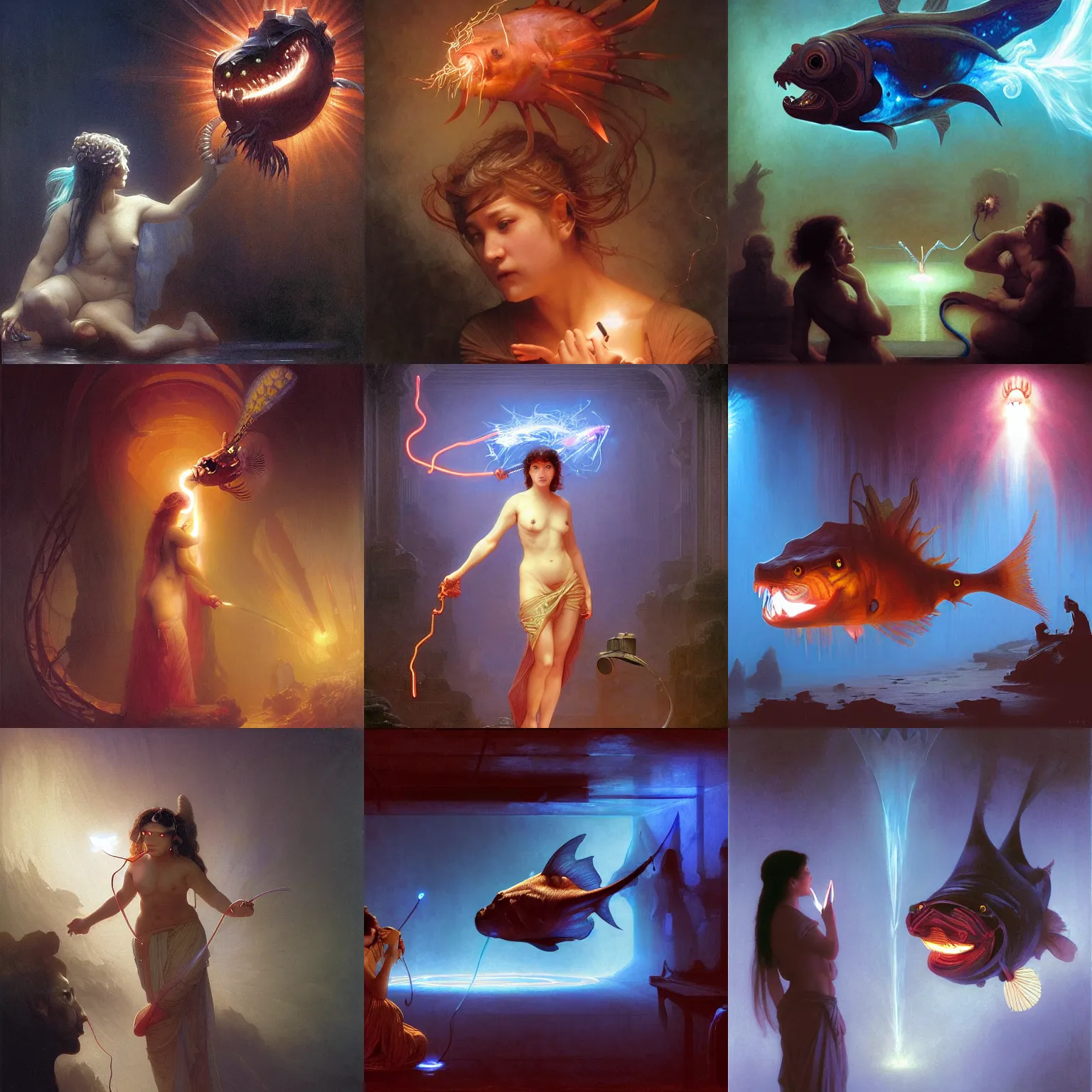 Prompt: awe-inspiring award-winning concept art painting of attractive asian anglerfish in neon shrouds as the goddess of lasers, sparks, by Michael Whelan, William Adolphe Bouguereau, John Williams Waterhouse, and Donato Giancola, cyberpunk, extremely moody lighting, glowing light and shadow, atmospheric, shadowy, cinematic, 8K,