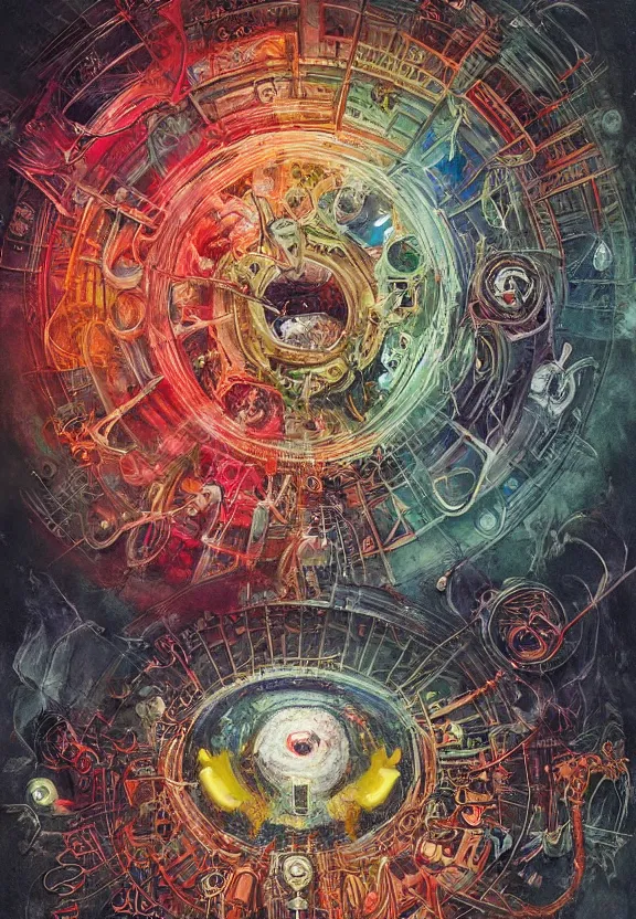 Image similar to colorful medical equipment, cameras, radiating, blood mandala, portal, minimalist environment, by ryan stegman and hr giger and esao andrews and maria sibylla merian eugene delacroix, gustave dore, thomas moran, the movie the thing, pop art, biopunk, i'm the style of piet bill sienkiewicz