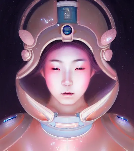 Prompt: close-up of a Japanese teen beautiful celestial Goddess wearing a futuristic lush spacesuit exposed in cryo chambers by James Jean, captivating, seductive facial look, intricate, majestic, chic, elegant, highly detailed, centered, digital painting, high-end pink light, artstation, concept art, smooth, sharp focus, illustration, by Peter Mohrbacher, WLOP