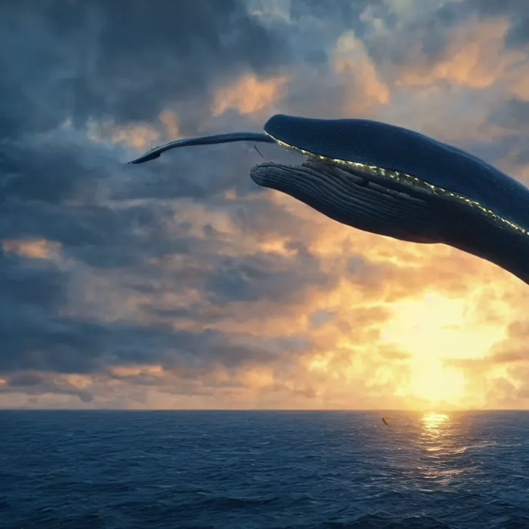 Image similar to vfx shot by weta digital and industrial light and magic ilm, a stunning beautiful blue whale made out of shiny reflective dripping liqud chrome flying in the sky through fluffy giant sunset clouds, octane render, cinema 4 d, ray traced lighting, very short depth of field, bokeh